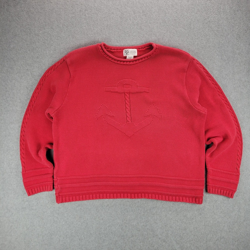 Cotton Country Anchor Sweater Womens Large Red‎ Cotton Nautical Cable Knit 3863
